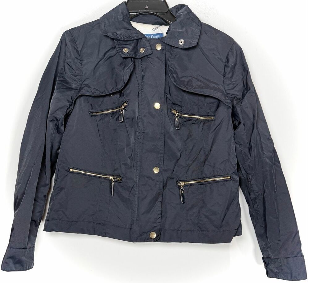 Evan-Picone lightweight utility jacket, styled in a dark navy blue with multi-zi
